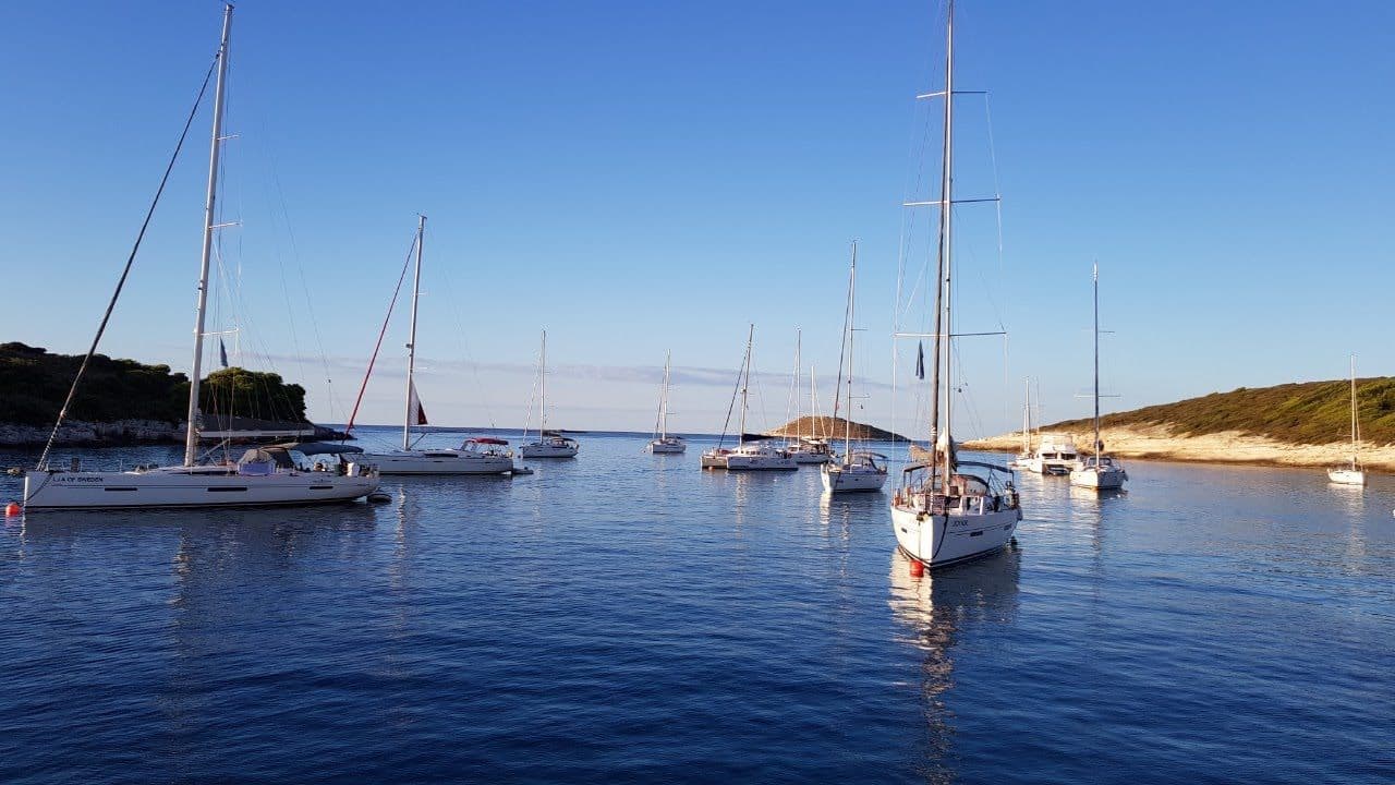 A dozen sailing yachts lying to anchor in a sheltered Croatian bay in late afternoon light, low scrub-covered hills closing the bay behind them